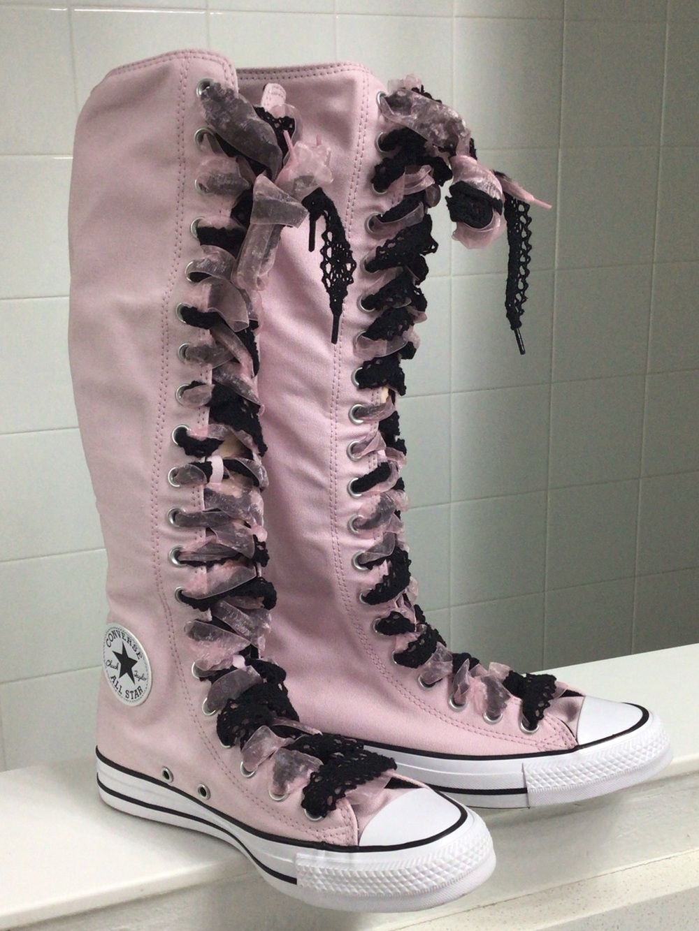 Converse Pink Knee-High Lace-Up Canvas Boots with Black Ribbon Laces
